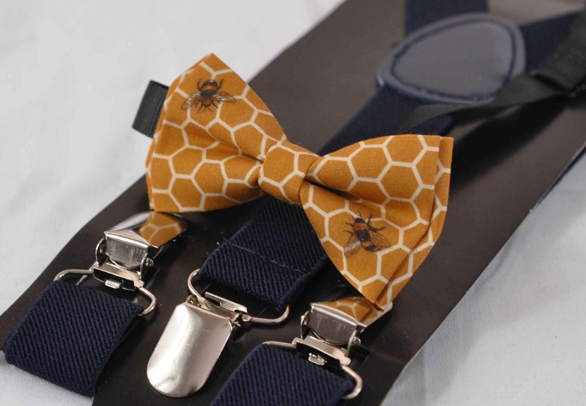 Yellow Honeycomb Honey Comb Bees Print Cotton Bow tie + Navy Blue Elastic Suspenders Braces for Baby infant Toddler / Boy Kids / Youth