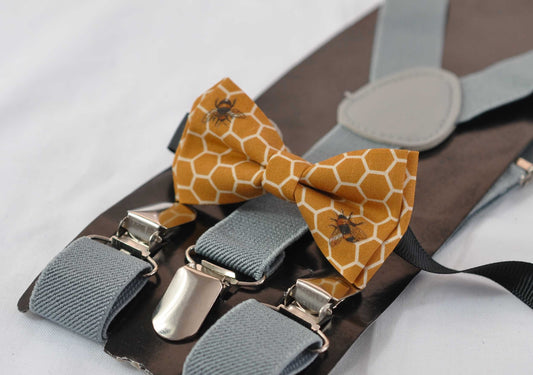 Yellow Honeycomb Honey Comb Bees Print Cotton Bow tie + Light GREY GRAY Elastic Suspenders Braces for Baby infant Toddler / Boy Kids / Youth