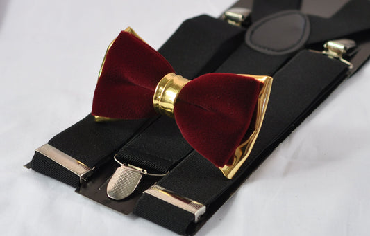 Men Adult Burgundy Velvet Gold Faux Leather Bow tie + 35mm Wide Black Elastic Suspenders Braces for Wedding / Party