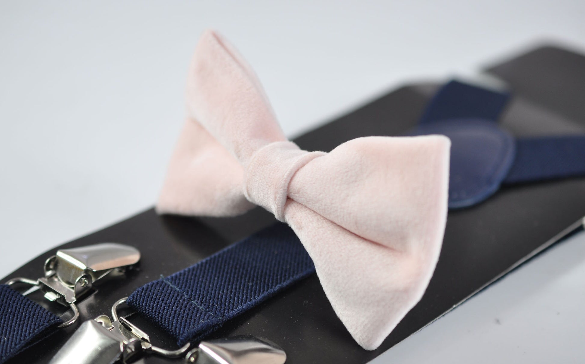 Baby Pink Light Pink Velvet Bow tie + Navy Blue Elastic Suspenders Braces for Men Adult / Youth Teenage / Boy Kids / Baby Infant Toddler