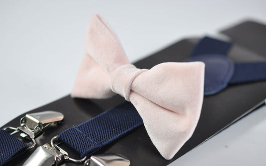 Baby Pink Light Pink Velvet Bow tie + Navy Blue Elastic Suspenders Braces for Men Adult / Youth Teenage / Boy Kids / Baby Infant Toddler