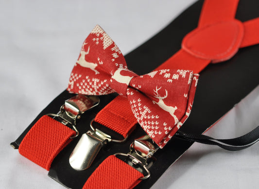 Xmas Christmas Deer Elks Pattern Red Cotton Bow Tie Bowtie + Red Elastic Suspender Braces for Men / Youth Teenage / Kids Boy / Infant Baby