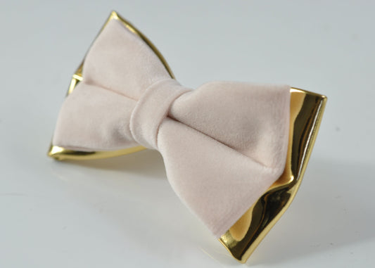 Baby Pink Light Pink Velvet + Gold Faux Leather 2 Layers Bow tie Bowtie for Men Adult / Youth Teenage / Boy Kids / Baby Infant Toddler