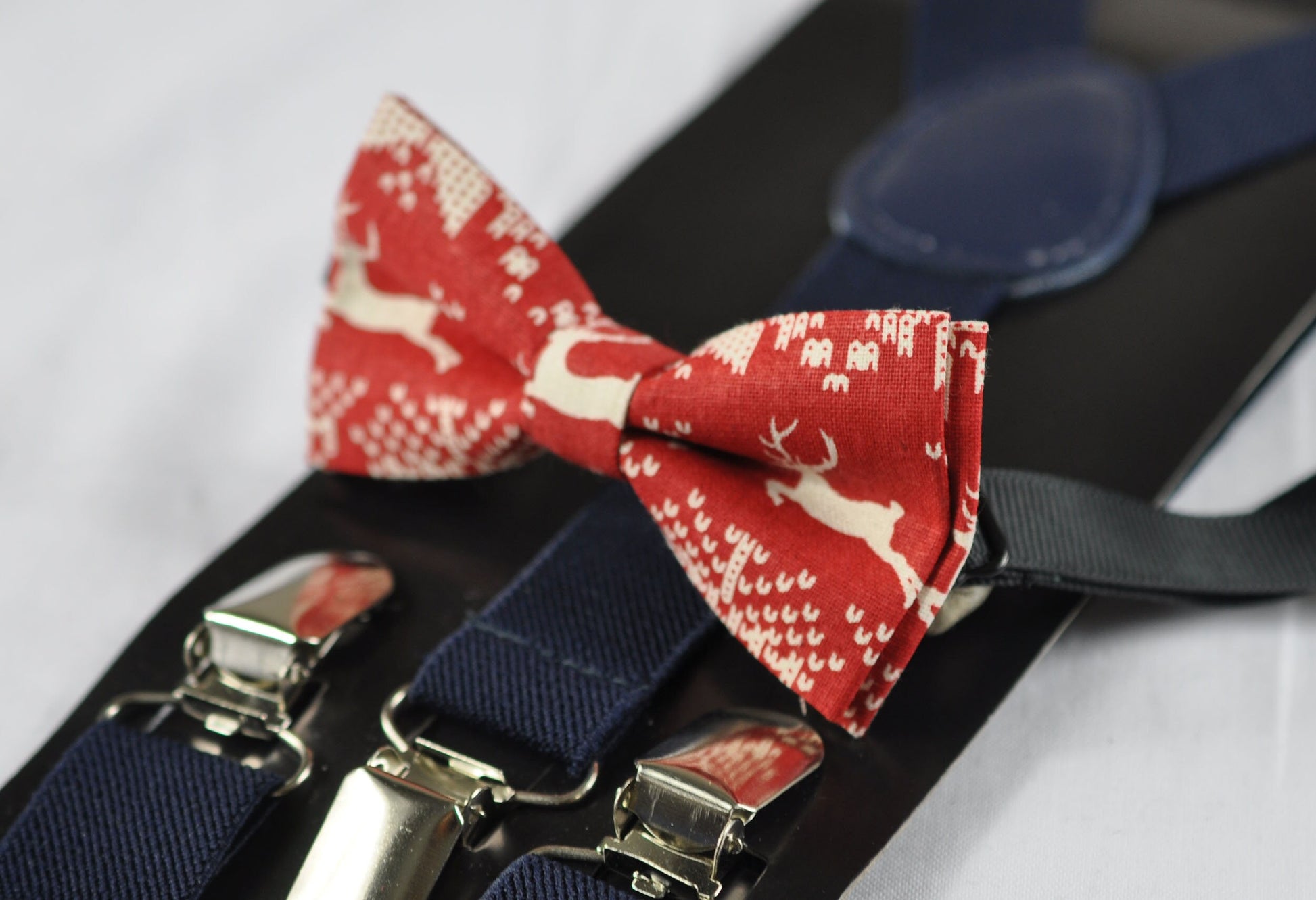 Xmas Christmas Deer Elks ELK Red Cotton Bow Tie Bowtie + Navy Blue Elastic Suspender Braces for Men / Youth Teenage / Kids Boy / Infant Baby