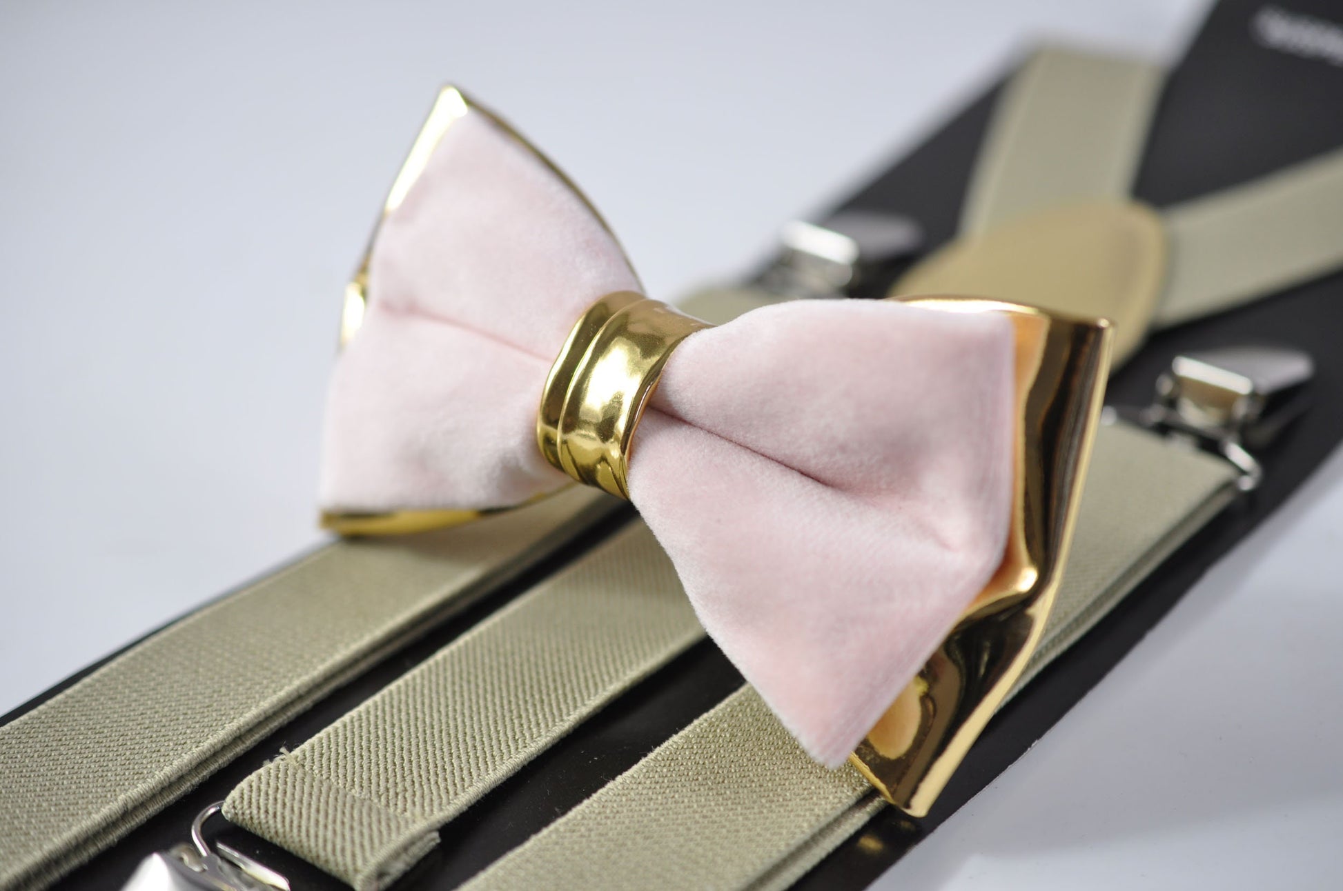 Baby Pink Velvet Gold Faux leather Bow tie + Khaki Beige Elastic Suspenders braces for Men / Youth Teenage / Boy Kids / Baby Infant Toddler