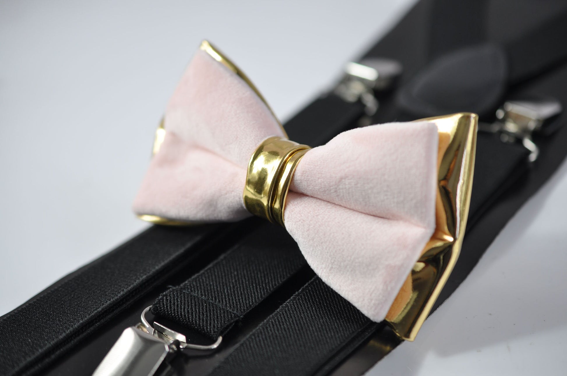 Baby Pink Velvet Gold Faux leather Bow tie + Black Elastic Suspenders braces for Adult Men / Youth Teenage / Boy Kids / Baby Infant Toddler