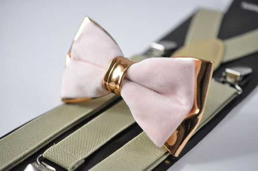 Baby Pink Velvet Rose Gold Faux leather Bow tie + Khaki Beige Elastic Suspenders braces for Men / Youth Teenage / Boy Kids / Baby Infant