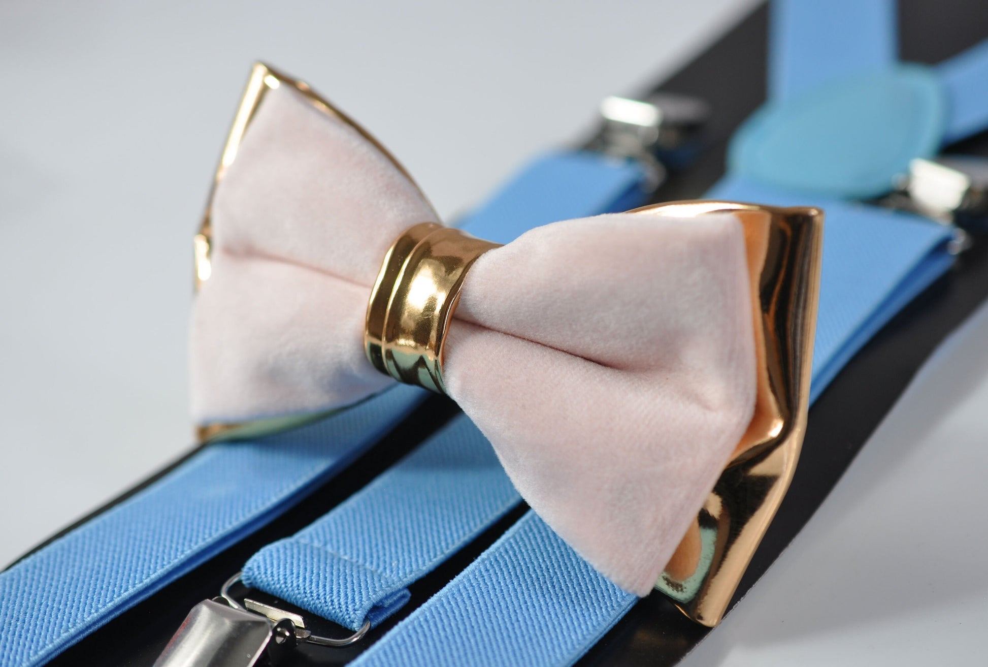 Baby Pink Velvet Rose Gold Faux leather Bow tie + Blue Elastic Suspenders braces for Adult Men / Youth Teenage / Boy Kids / Baby Infant