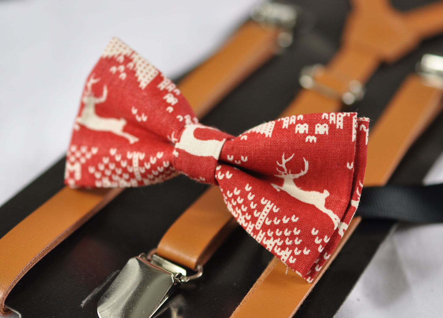 Xmas Christmas Deer Elks ELK Red Bow Tie Bowtie + TAN Brown Faux Leather Skinny Suspender Braces for Youth Teenage / Kids Boy / Infant Baby