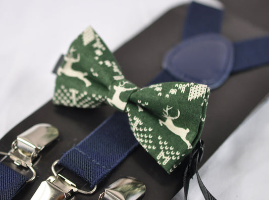 Xmas Christmas Deer Elks ELK Green Bow Tie Bowtie + Navy Blue Elastic Suspender Braces for Men / Youth Teenage / Kids Boy / Infant Baby