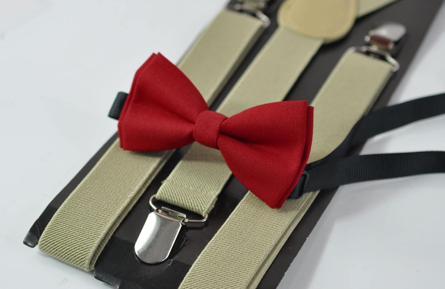 Red Solid Cotton Bow tie Bowtie + Khaki Beige Elastic suspenders braces for Men Adult / Youth Teenage / Boy Kids / Baby Infant Toddler