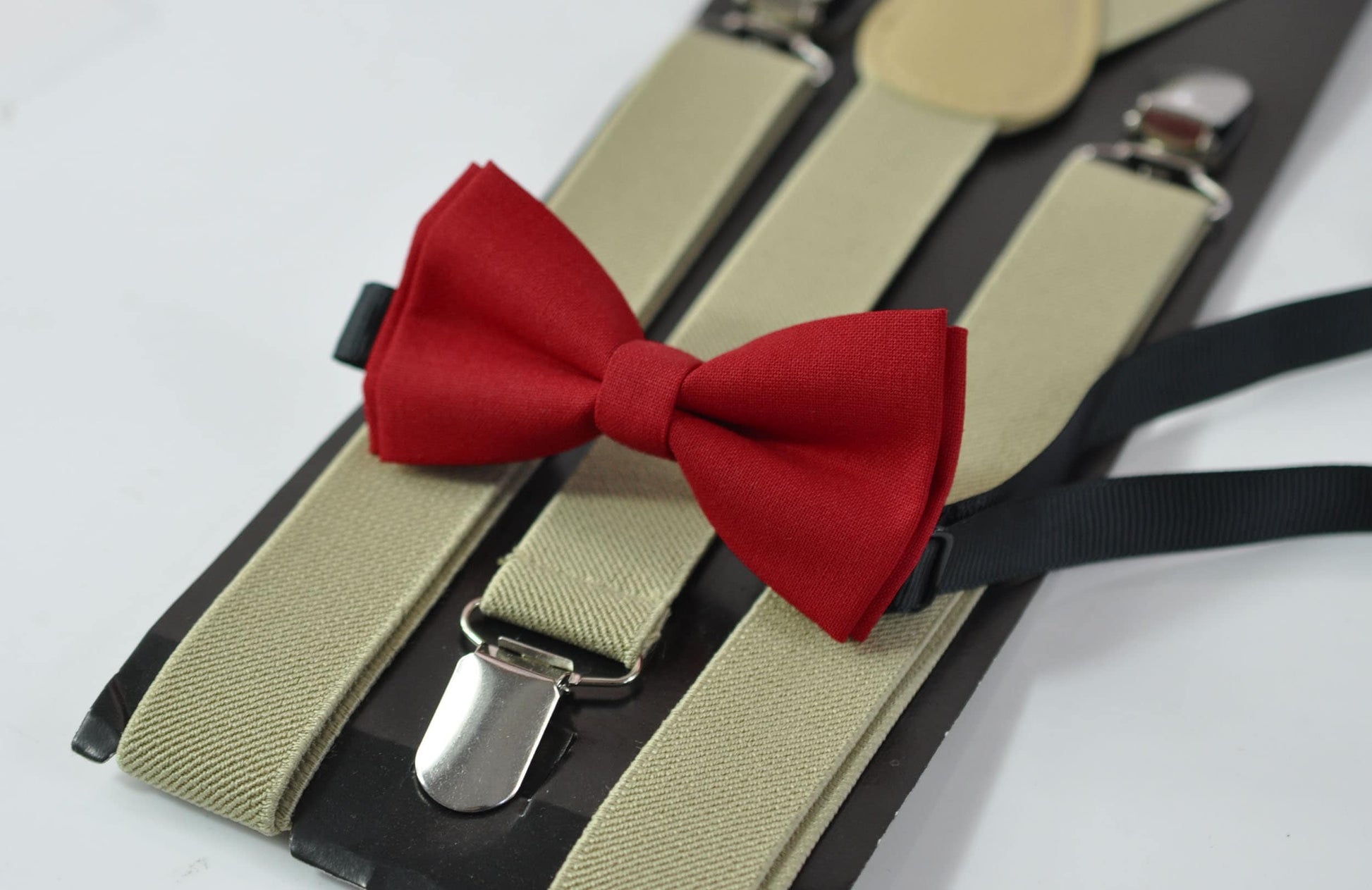 Red Solid Cotton Bow tie Bowtie + Khaki Beige Elastic suspenders braces for Men Adult / Youth Teenage / Boy Kids / Baby Infant Toddler