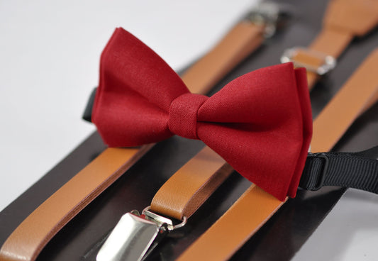 Red Cotton Bow tie + Tan Brown Faux Leather Skinny Adjustable Suspenders Braces for Youth Teenage / Boy Kids / Baby Infant Toddler