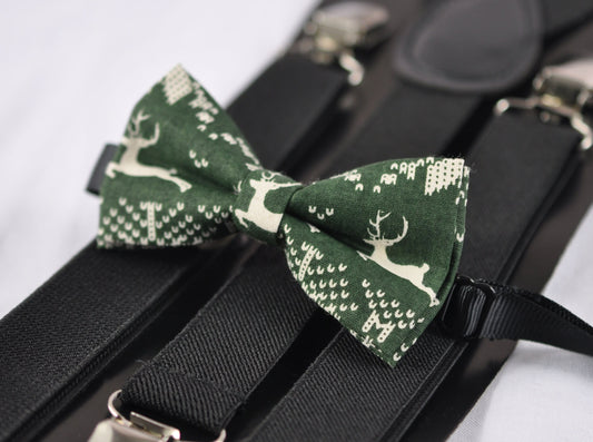 Xmas Christmas Deer Elks ELK Green Bow Tie Bowtie + BLACK Elastic Suspender Braces for Men / Youth Teenage / Kids Boy / Infant Baby Toddler