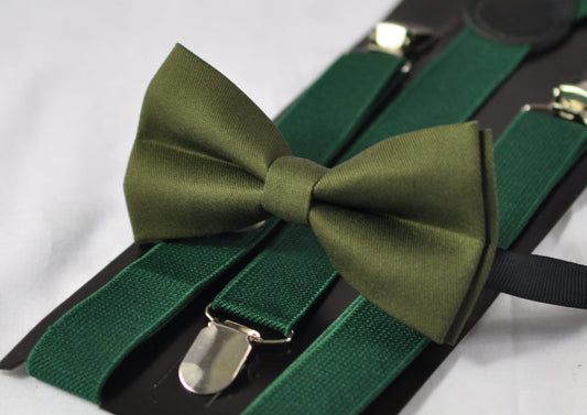 Olive Green Army Green Cotton Bow tie + Emerald Green Elastic Suspenders Braces for Men Adult / Youth Teenage / Boy Kids / Baby Infant