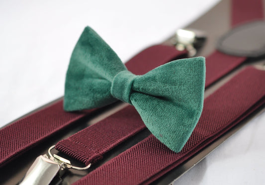 Emerald Green Dark Green Velvet Bow tie + Burgundy Wine Red Elastic Suspenders Braces for Baby Infant / Boy Kids / Youth Teenage / Men Adult