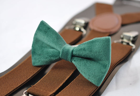Emerald Green Dark Green Velvet Bow tie + Brown Elastic Suspenders Braces for Baby Infant Toddler / Boy Kids / Youth Teenage / Men Adult