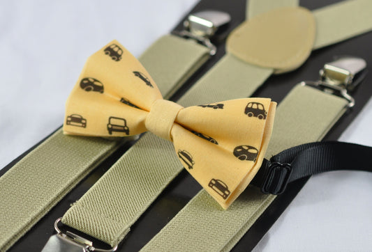 Baby Yellow Cars Car Pattern Cotton Bow tie + Khaki Beige Elastic Suspenders Braces for Youth Teenage / Boy Kids / Baby Infant Toddler
