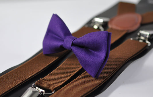 Eggplant Purple Violet Dark Purple Cotton Bow tie + Brown Elastic Suspenders Braces for Men Adult / Youth Teenage / Boy Kids / Toddler Baby