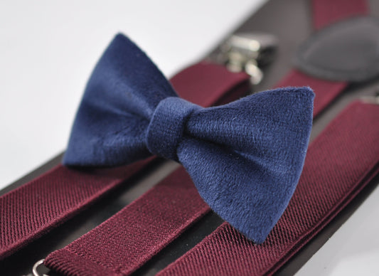 Navy Blue Dark Blue Velvet Bow tie + Burgundy Wine Red Elastic Suspenders Braces for baby infant / Boy Kids / Youth Teenage / Men Adult