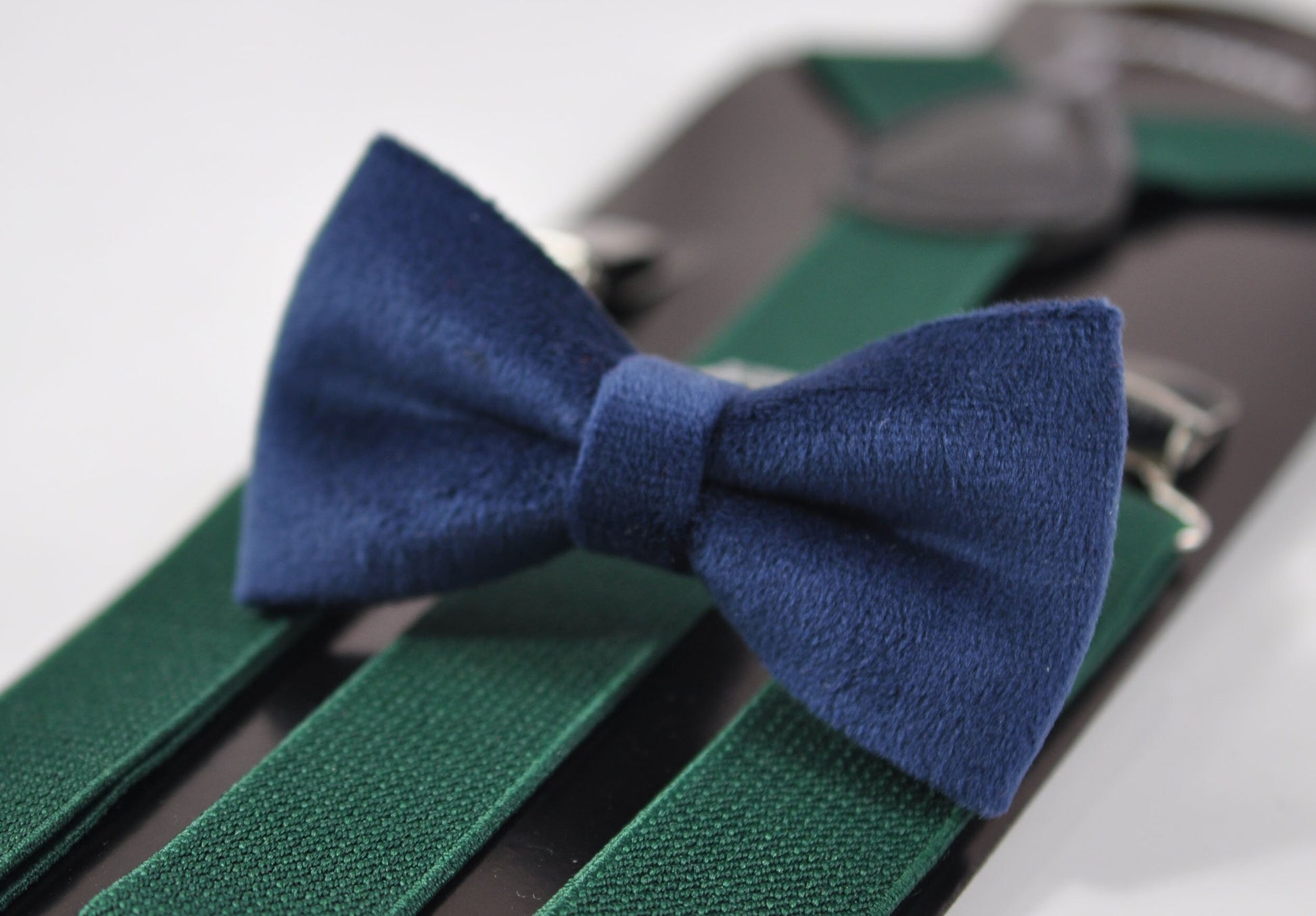 Navy Blue Velvet Bow Tie + Dark Emerald Green Green Elastic Braces Suspenders for Men Adult / Youth Teenage / Boy Kids / Baby Infant Toddler