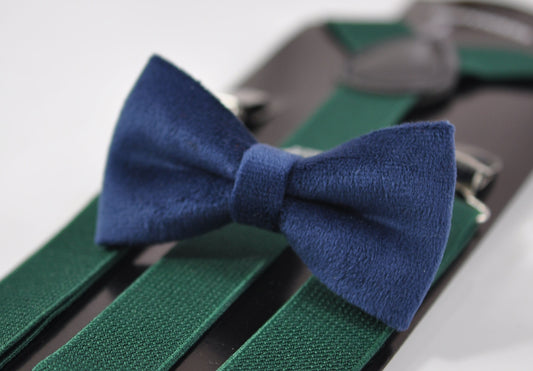 Navy Blue Velvet Bow Tie + Dark Emerald Green Green Elastic Braces Suspenders for Men Adult / Youth Teenage / Boy Kids / Baby Infant Toddler
