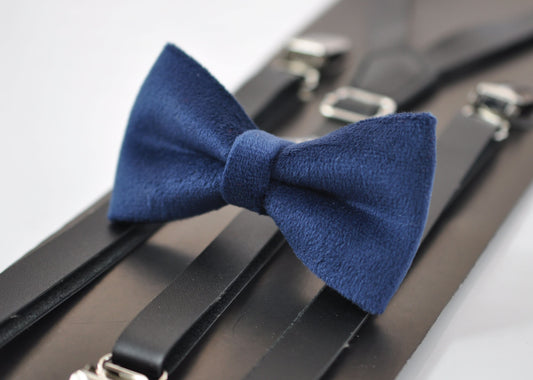 Navy Blue Velvet Bow tie + Black Faux Leather Skinny Adjustable Suspenders Braces for Baby Infant Toddler / Boy Kids / Youth Teenage