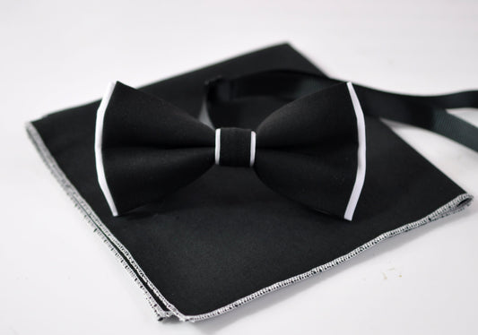 Men Adult Black + White 100% Cotton Bow tie Bowtie + Pocket Square Hanky Handkerchief Wedding Set