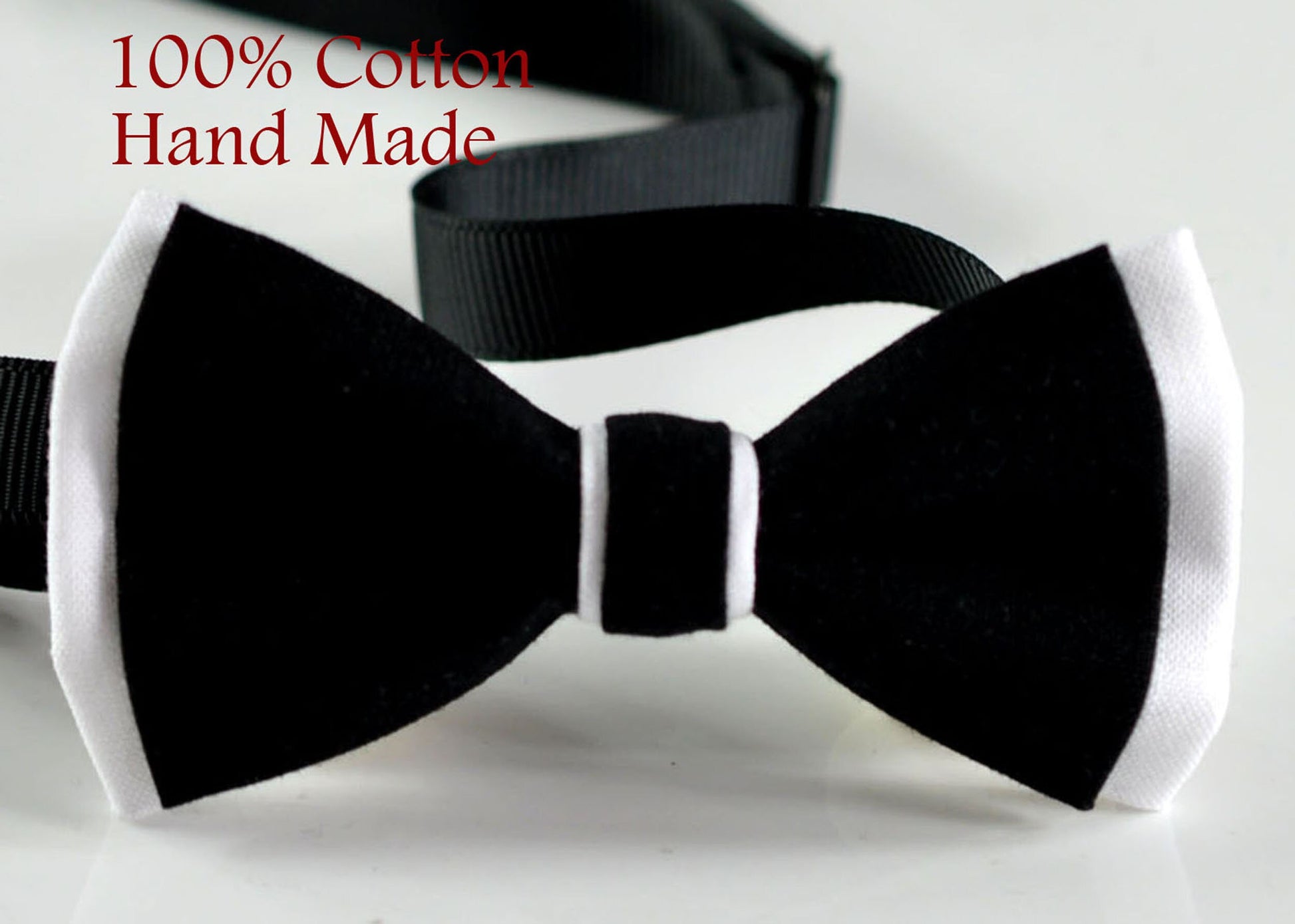 Men Adult Black + White 100% Cotton Bow tie Bowtie + White Pocket Square with Black edge Hanky Handkerchief Wedding Set