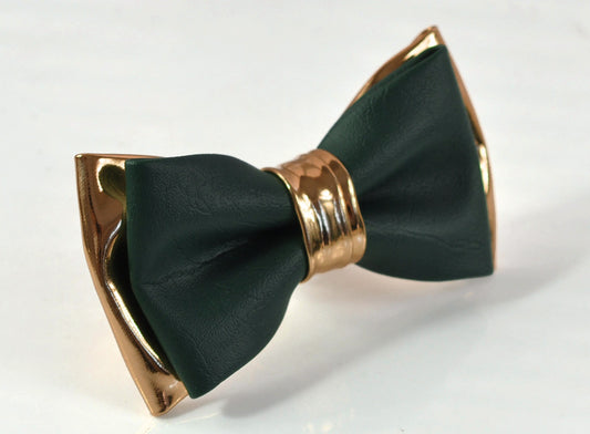 Dark Emerald Green Hunter Green + Rose Gold 2 Layesr Faux Leather Bow tie Bowtie for Men / Youth Teenage / Boy Kids / Baby Infant Toddler