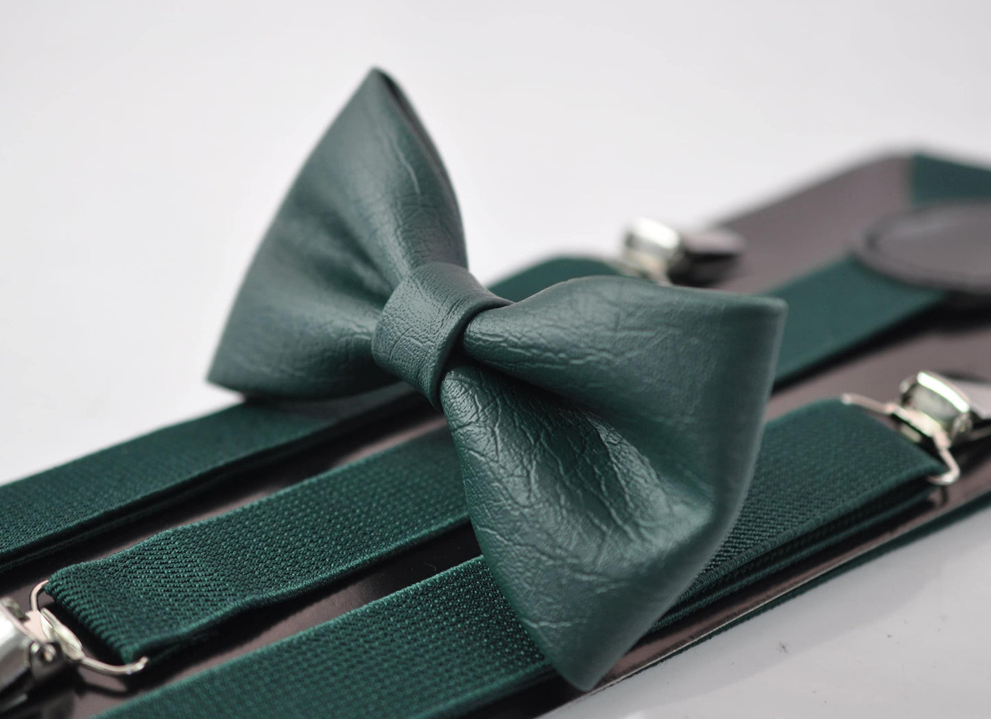 Dark Emerald Green Hunter Green Faux Leather Bow tie + Matched Elastic Suspenders Braces for Baby infant / Kids Boy / Youth Teenage / Men