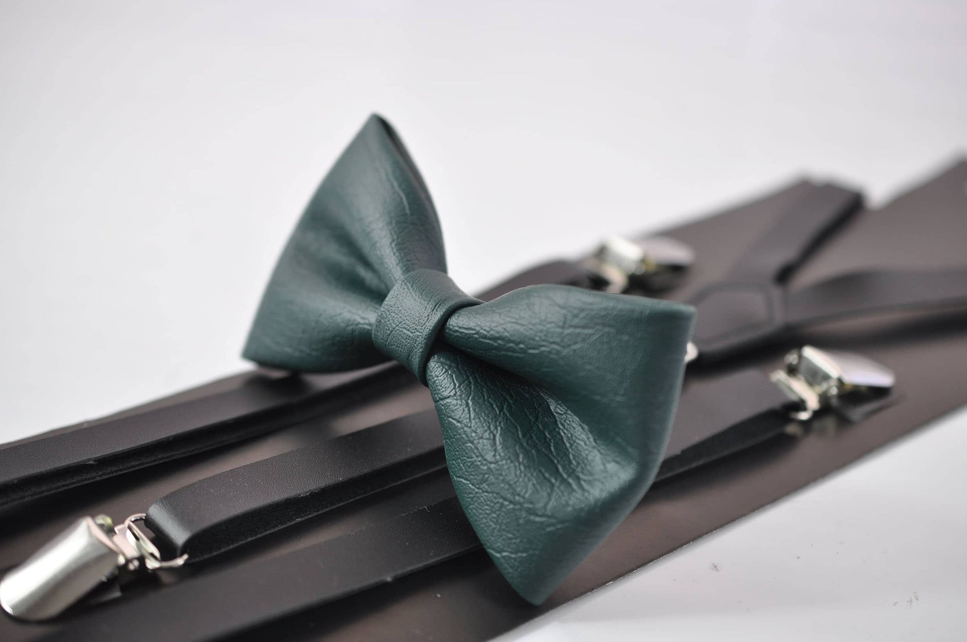 Dark Emerald Green Hunter Green Faux Leather Bow tie + BLack Faux Leather Suspenders Braces for Baby infant / Boy Kids / Youth Teenage