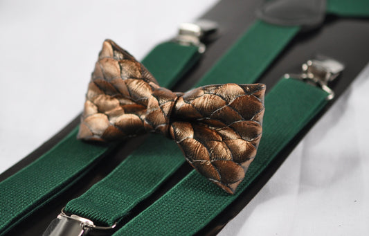 Copper Brown Dragon Squama Fish Scales Faux Leather Bow tie + Emerald Green Elastic Suspenders Braces for Men / Youth / Boy Kids / Baby
