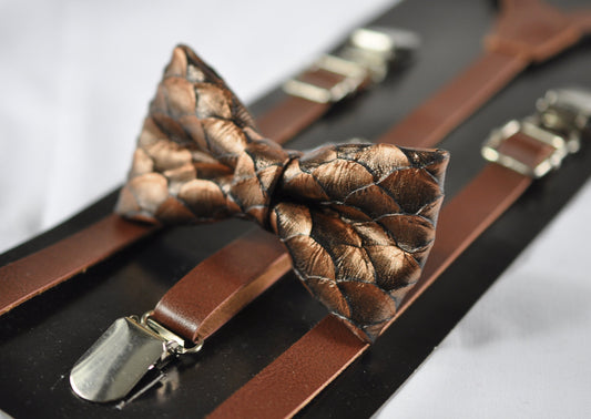 Copper Brown Dragon Squama Fish Scales Faux Leather Bow tie + Brown Skinny Leather Suspenders Braces for Youth / Boy Kids / Baby Infant