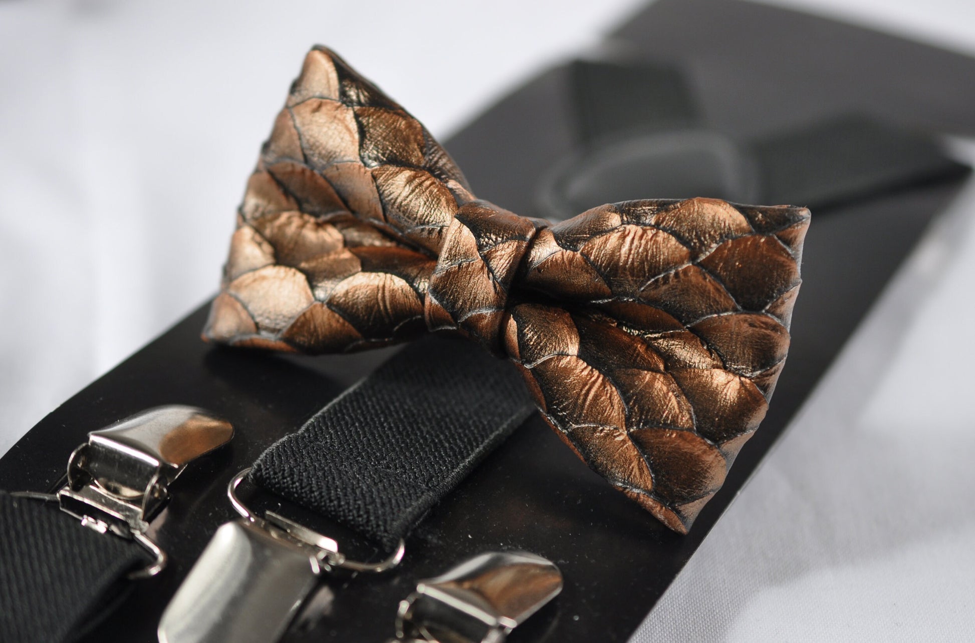 Copper Brown Dragon Squama Fish Scales Faux Leather Bow tie + Black Elastic Suspenders Braces for Men Adult / Youth / Boy Kids / Baby infant