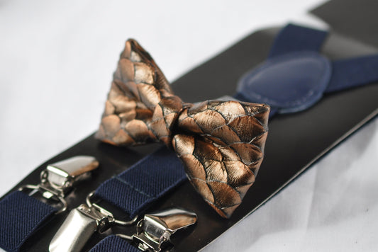 Copper Brown Dragon Squama Fish Scales Faux Leather Bow tie + Navy Blue Elastic Suspenders Braces for Men / Youth / Boy Kids / Baby infant
