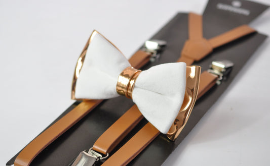 White Velvet and Rose Gold Faux Leather Bow tie + Tan Brown Faux Leather Skinny Suspenders Braces for Youth Teenage / Boy Kids / Baby Infant