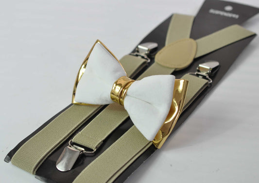 White Velvet & Gold Faux Leather Bow tie + Begie Khaki Elastic suspenders braces for Men Adult / Youth Teenage / Boy Kids / Baby infant