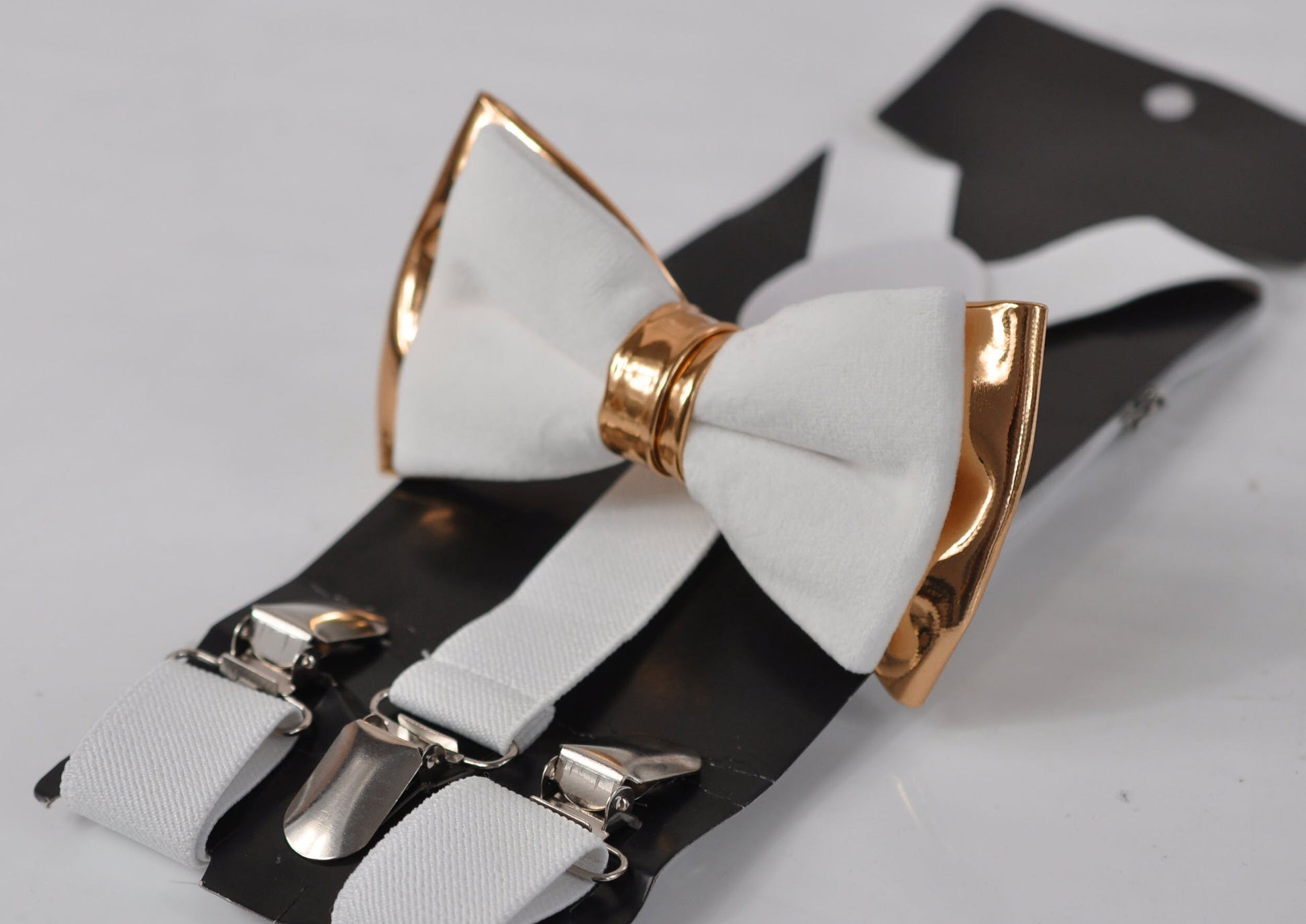 White Velvet & Rose Gold Faux Leather Bow tie + Matched White Elastic suspenders braces Men Adult / Youth Teenage / Boy Kids / Baby infant