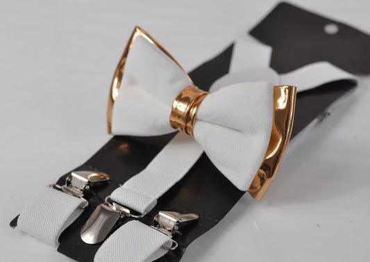 White Velvet & Rose Gold Faux Leather Bow tie + Matched White Elastic suspenders braces Men Adult / Youth Teenage / Boy Kids / Baby infant
