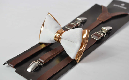 White Velvet & Rose Gold Faux Leather Bow tie + Brown Skinny Faux leather Suspenders Braces for Youth Teenage / Kids Boy / Baby Infant