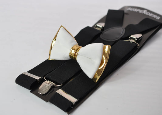 White Velvet & Gold Faux Leather Bow tie + 35mm Black Elastic Suspenders Braces for Men Adult Wedding