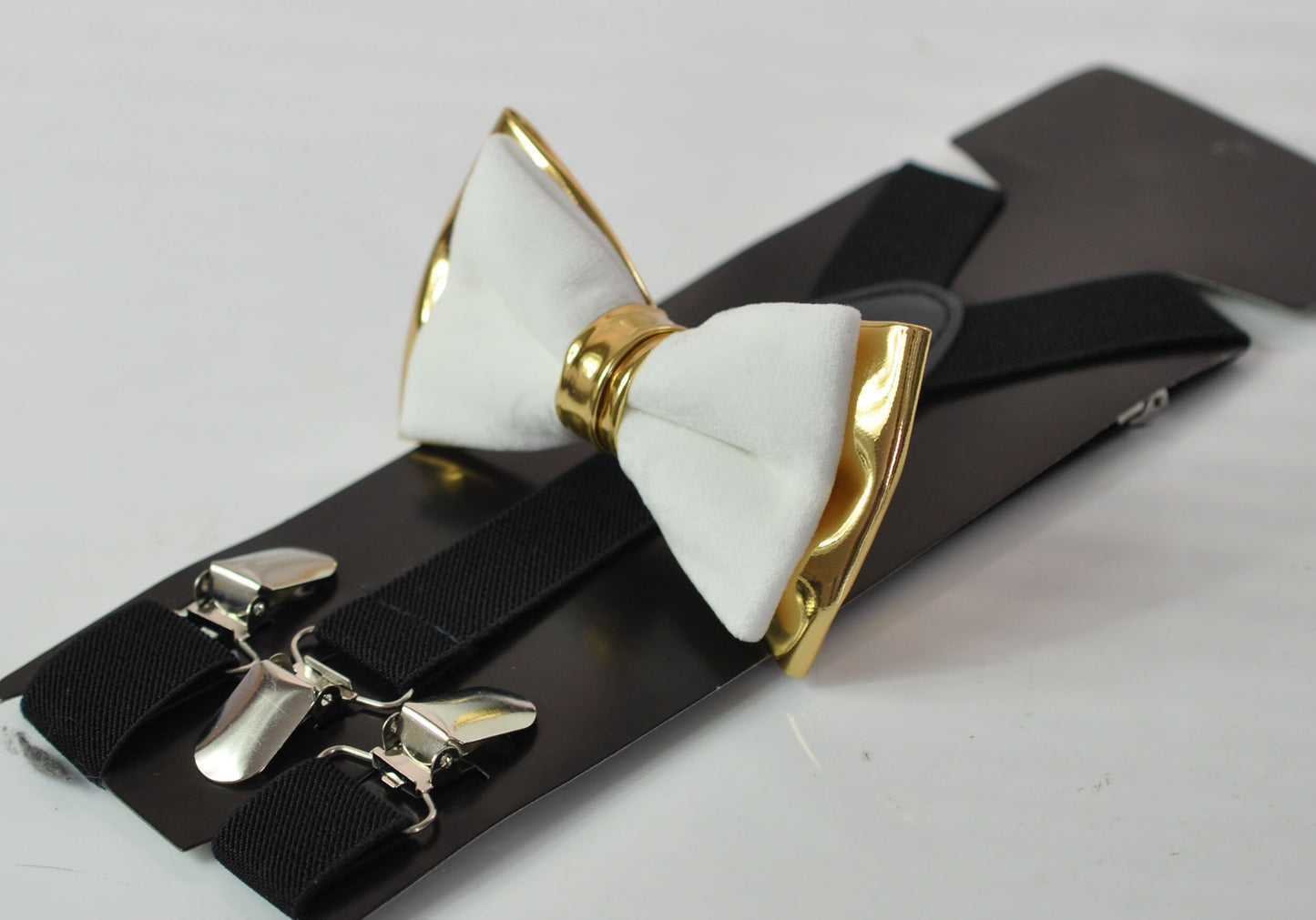 White Velvet & Gold Faux Leather Bow tie + Black Elastic suspenders braces Men Adult / Youth Teenage / Boy Kids / Baby infant toddler