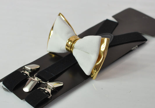White Velvet & Gold Faux Leather Bow tie + Black Elastic suspenders braces Men Adult / Youth Teenage / Boy Kids / Baby infant toddler