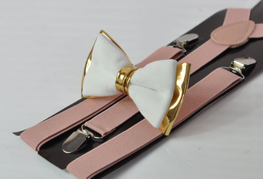 White Velvet & Gold Faux Leather Bow tie + Dusty Pink Elastic suspenders braces Men Adult / Youth Teenage / Boy Kids / Baby infant Toddler