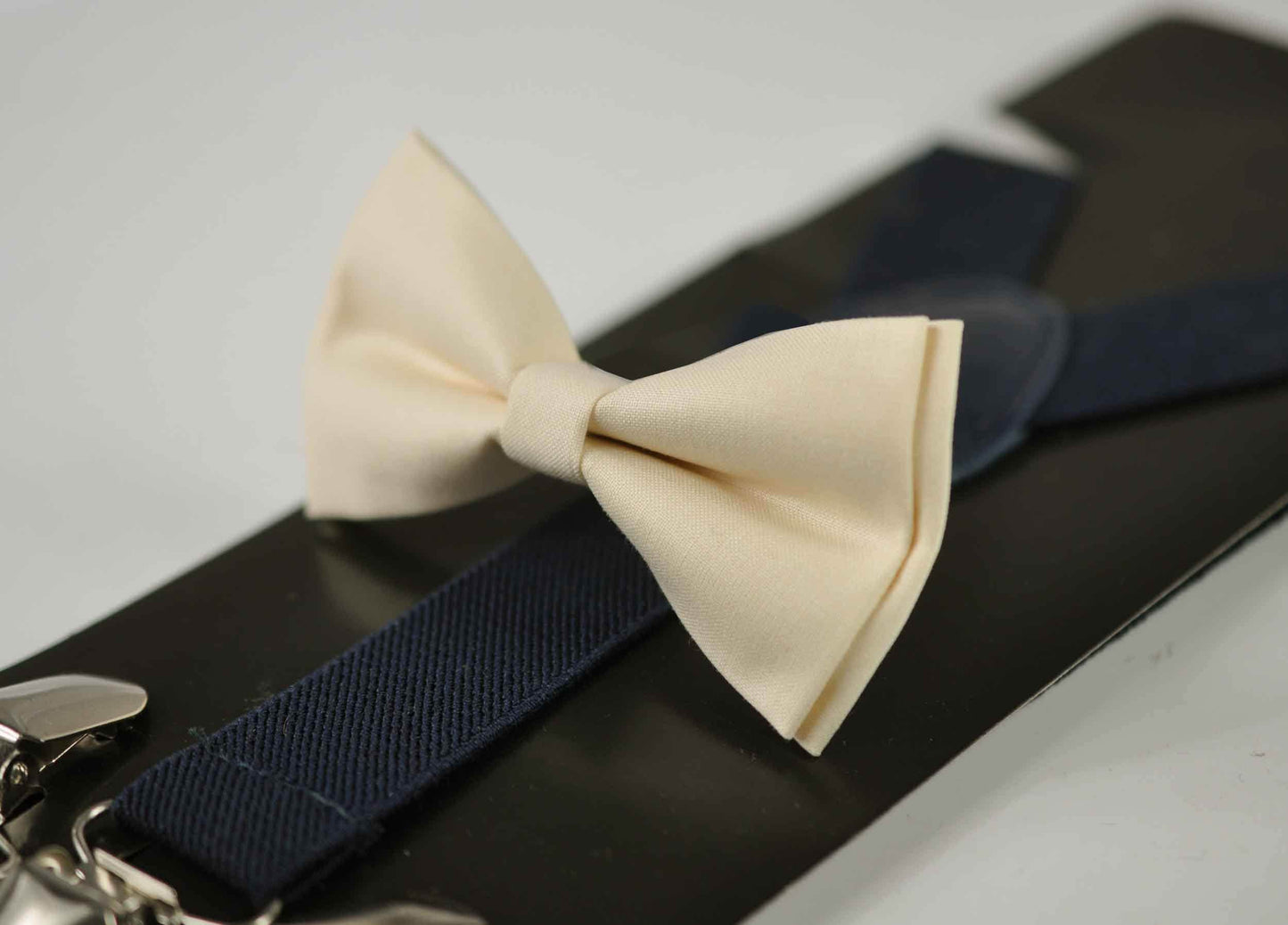 Off-White Ivory Cream Cotton Bow tie + Navy Blue Elastic Suspenders Braces for Men Adult / Youth Teenage / Boy Kids / Baby Infant Toddler