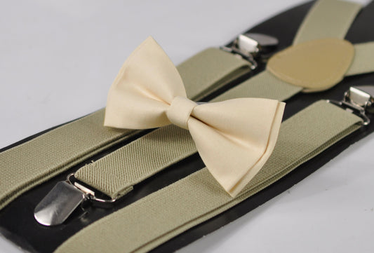 Off-White Ivory Cream Cotton Bow tie + Khaki Light Brown Elastic Suspenders Braces For Men Adult / Youth Teenage / Boy Kids / Baby Infant