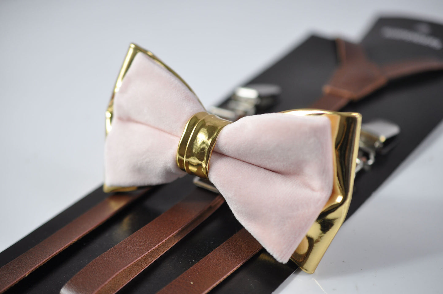 Baby Pink Velvet Gold Faux leather Bow tie + Brown Faux Leather Suspenders braces for Men / Youth Teenage / Boy Kids / Baby Infant Toddler