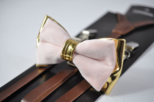 Baby Pink Velvet Gold Faux leather Bow tie + Brown Faux Leather Suspenders braces for Men / Youth Teenage / Boy Kids / Baby Infant Toddler