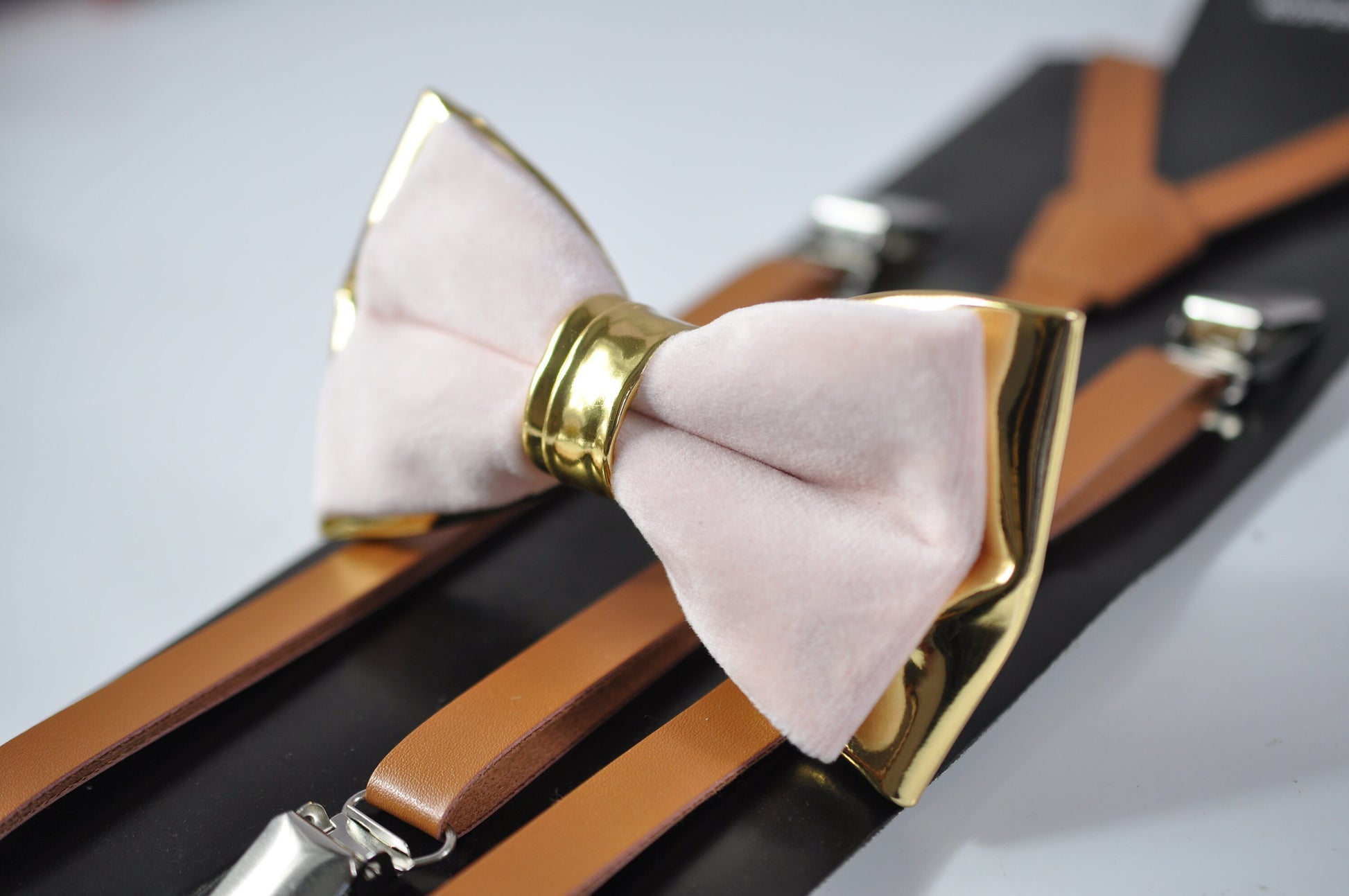 Baby Pink Velvet Gold Faux Leather Bow tie + Tan Brown Faux Leather Suspenders Braces for Youth Teenage / Boy Kids / Baby Infant Toddler